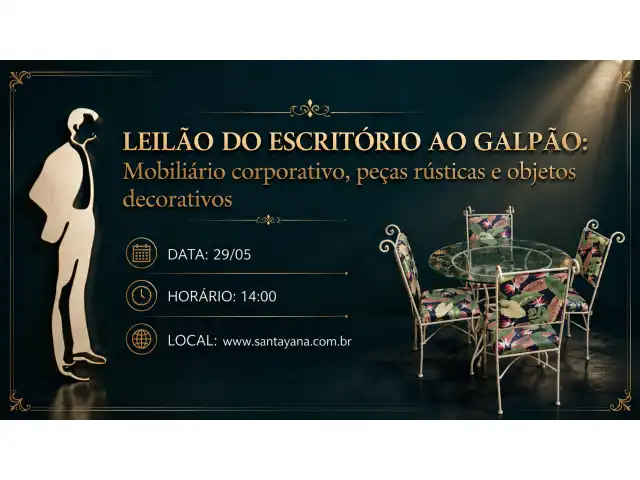 LEILÃO DO ESCRITÓRIO AO GALPÃO: Mobiliário corporativo, peças rústicas e objetos decorativos