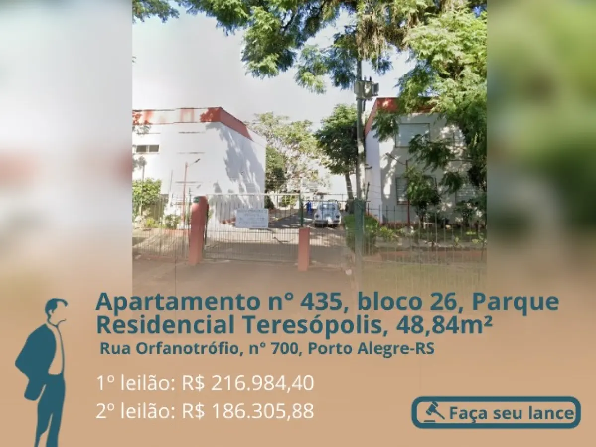 LOTE G - Apartamento n° 435, bloco 26, Parque Residencial Teresópolis, área privativa 48,84m², sito a Rua Orfanotrófio, n° 700, Porto Alegre-RS. Objeto da matrícula n° 57.120 do R.I da 2° Zona de Porto Alegre-RS.
